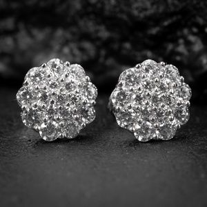Mens White Gold 925 Sterling Silver Large Round Hip Hop Flower Cluster Earrings